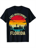 Men's T-Shirt Lake Okeechobee Florida Vibrant Sunset Sky With Silhouette Of Pine Trees And Fisherman Scene