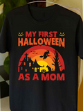 Men's T-Shirt My First Halloween Orange Moon Witch And Haunted House Scene