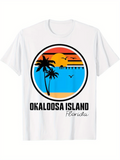 Men's T-Shirt Okaloosa Island Sunset Pier With Palm Trees And Flying Birds
