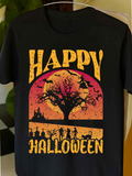 Men's T-Shirt Happy Halloween Spooky Silhouette Parade Under Orange Sunset Tree