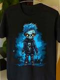 Men's T-Shirt Neon Blue Street Night With Urban Graffiti And Mysterious Little Skeleton Boy
