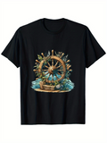 Men's T-Shirt Ocean Breeze Waves With Seashells Palms And Rustic Ship Wheel