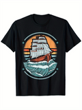 Men's T-Shirt Sunset Orange With Rolling Sea Waves Old Fashioned Sailing Ship