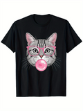 Men's T-Shirt Adorable Gray Cat Face With Pink Glasses Blowing Bubblegum