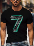 Men's T-Shirt Bold Graphic Number Seven With Artistic Green And White Painted Accents