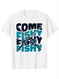 Men's T-Shirt Come Fishy Teal Letters With Crossed Fishing Rods Centerpiece