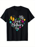 Men's T-Shirt My First Mothers Day Colorful Dotted Heart With Baby Footprints And Flowers Shirt