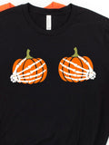 Men's T-Shirt Skeleton Hands Reaching Toward Pumpkins With Rustic Autumn Harvest Pumpkin