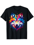 Men's T-Shirt Vivid Neon Colors Flowing In Abstract Style With Expressive Wild Wolf