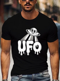 Men's T-Shirt Playful Cartoon Character Spaceship With Dripping Goo Letters UFO