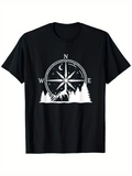Men's T-Shirt Night Sky With Trees Mountain Wolf And Compass