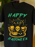 Men's T-Shirt Happy Halloween Glowing Pumpkins Among Leaves With Spooky Faces Pumpkin