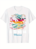 Men's T-Shirt Ensenada Mexico Vibrant Sunset Ocean With Palms And Crashing Wave Beach