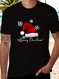 Men's T-Shirt Merry Christmas Snowflakes With Santa Red Hat And White Fur Trim