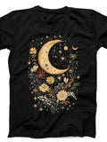 Men's T-Shirt Golden Crescent Moon Surrounded By Daisies Stars And Wildflowers Night Sky