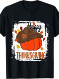 Men's T-Shirt Happy Thanksgiving Autumn Leaves Pumpkin With Pilgrim Hat