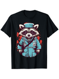Men's T-Shirt Adorable Cartoon Raccoon Wearing Blue Scrubs Surrounded By Red Artistic Background Raccoon