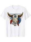 Men's T-Shirt Tribal Inspired Bull Skull With Painted Feathers And Geometric Pattern