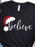Men's T-Shirt Believe Red Santa Hat With Festive Holiday Script Christmas