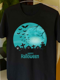 Men's T-Shirt Happy Halloween Moonlit Graveyard With Flying Bats Jack O Lanterns And Tombstones
