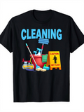 Men's T-Shirt Cleaning Tools Bucket With Caution Wet Floor Sign Near Mop