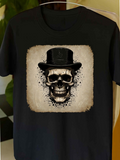 Men's T-Shirt Vintage Artistic Splatter Featuring Grinning Skull In Top Hat