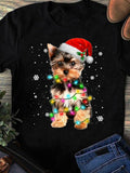 Women's T-Shirt Adorable Yorkshire Terrier With Santa Hat Surrounded By Colorful Christmas Lights Terrier