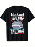 Men's T-Shirt Husband And Wife Cruising Partners For Life With Red Hearts And Ocean Waves Cruise Ship