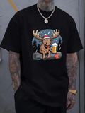 Men's T-Shirt Festive Moose With Beer Seated Among Pine Trees Night Campfire
