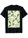 Men's T-Shirt Delicate Pastel Floral Foliage With Green Leaves On Black Shirt