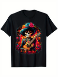 Men's T-Shirt Festive Musician Surrounded By Bright Flowers Holding Guitar Skeleton