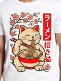 Men's T-Shirt Cherry Blossom Branch With Lucky Cat Enjoying Delicious Ramen Bowl