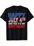 Men's T-Shirt Happy July Fourth With Patriotic Striped Lettering Celebrating Birthday On Black Shirt