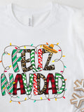 Women's T-Shirt Colorful Holiday Lights With Decorative Patterns Surrounding Festive Feliz Navidad Letters