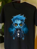 Men's T-Shirt Electric Blue Aura Shining Around Cartoon Zombie Boy
