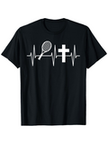 Men's T-Shirt Heartbeat Line With Tennis Racket And Religious Christian Cross