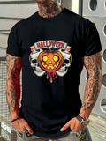 Men's T-Shirt Halloween Banner With Melting Pumpkin Head Surrounded By Two White Skulls