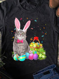 Men's T-Shirt Playful Gray Cat With Bunny Ears Surrounded By Colorful Easter Eggs