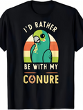 Men's T-Shirt Id Rather Be With My Conure Parrot In Front Of Vintage Sunset Stripes