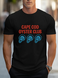 Men's T-Shirt Cape Cod Oyster Club Trio Of Blue Outlined Shells Under Vintage Typography Oyster