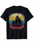 Men's T-Shirt Retro Sunset With Silhouette Sailboat Over Calm Ocean Water