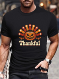 Men's T-Shirt Thankful With A Grinning Pumpkin Surrounded By Festive Autumn Lights