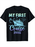 Men's T-Shirt My First Cruise Colorful Sunrise With Seagulls Waves And Majestic Ship