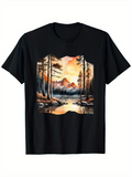Men's T-Shirt Sunrise Over Mountain Reflections With Forest And Calm Water Scene