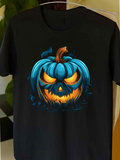 Men's T-Shirt Glowing Blue Halloween Pumpkin With Ominous Eyes Orange Flames And Spooky Face Pumpkin