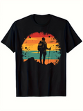 Men's T-Shirt Vibrant Sunset Horizon With Adventurous Hiker Silhouette Standing On Rocky Mountain