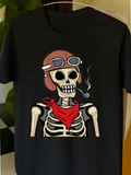 Men's T-Shirt Retro Style Biker Skeleton With Red Scarf Smoking Pipe