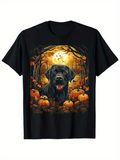 Men's T-Shirt Glowing Moonlit Autumn Forest With Pumpkins Surrounding Black Labrador Dog