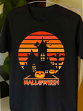 Men's T-Shirt Halloween Haunted House With Pumpkins Bats And Sunset Silhouette