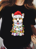 Women's T-Shirt Festive Holiday Lights Wrapped Around Smiling Puppy Dog
